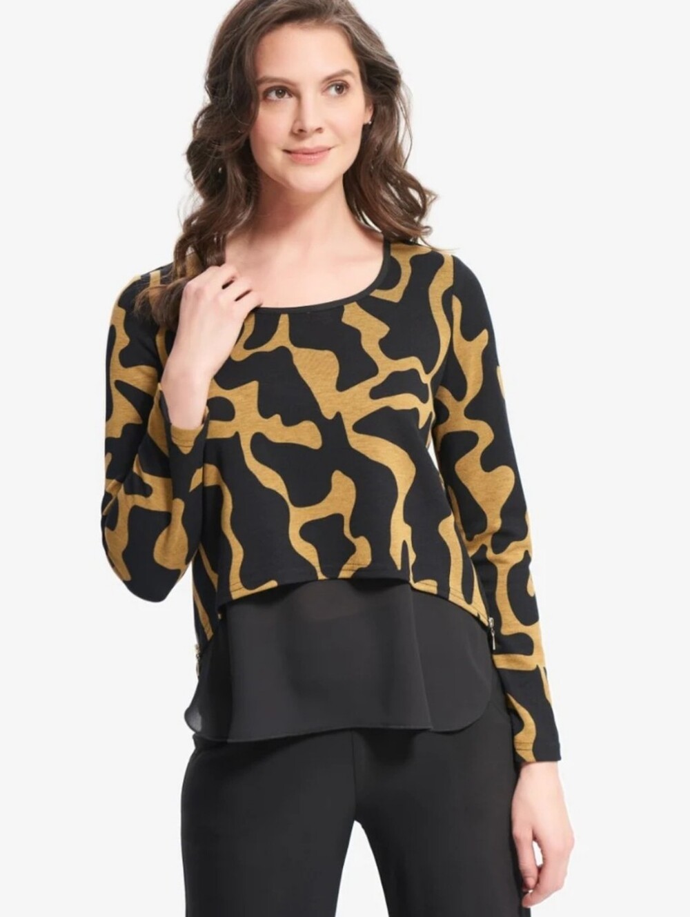 Joseph Ribkoff Abstract Print Layered Top - Style 214119 size 12 Black & Golden